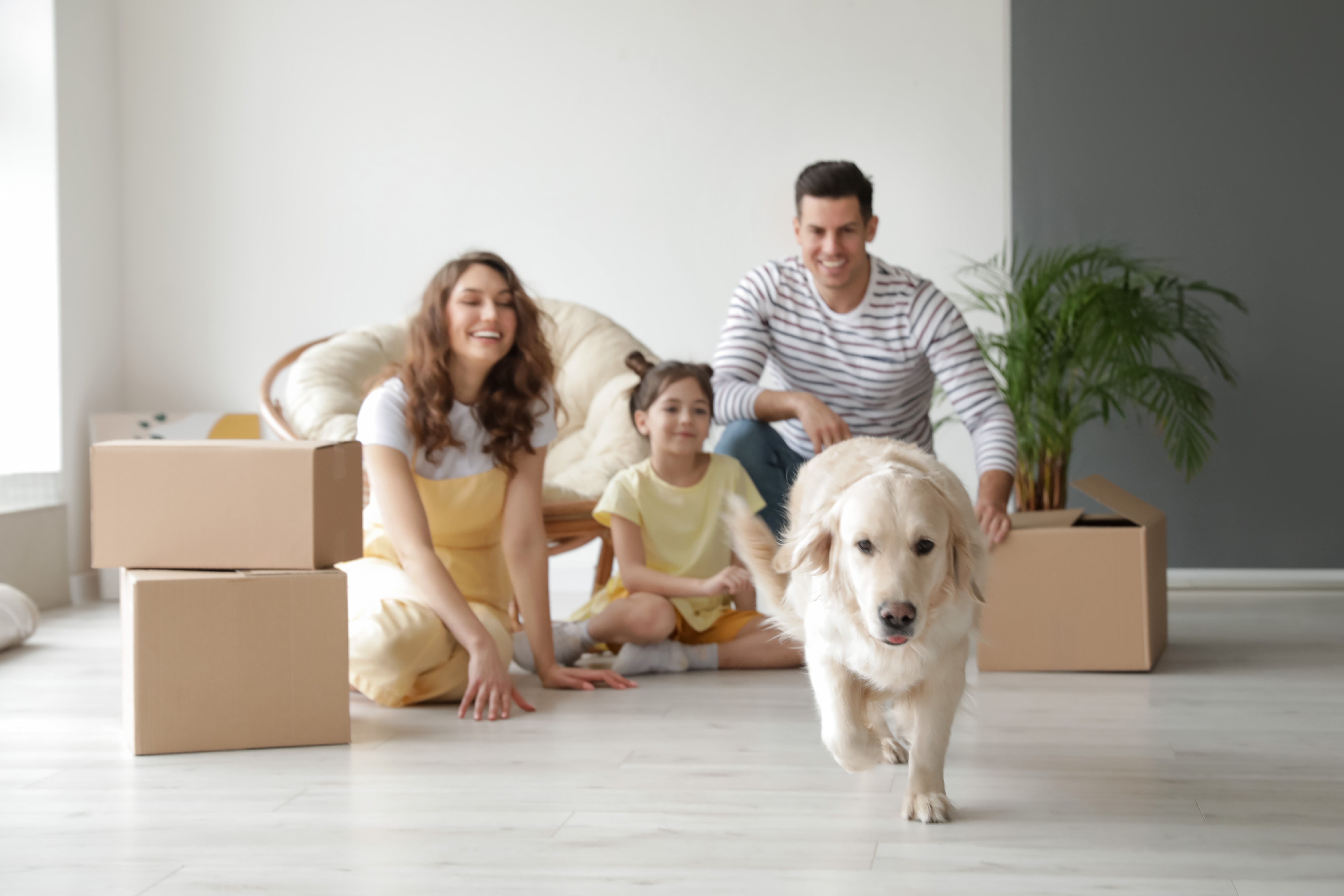 Familia estrenando el hogar que compraron con su mascota.